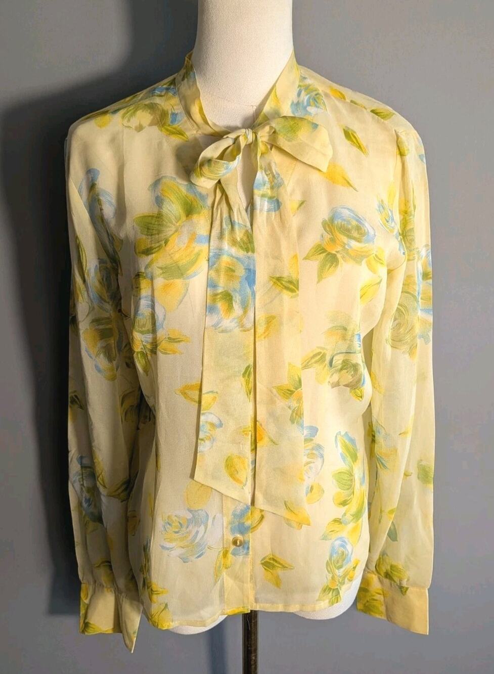 Vintage 90s 100% Silk Floral Neck Tie Bow Blouse Yellow Blue M/8 Garden Party